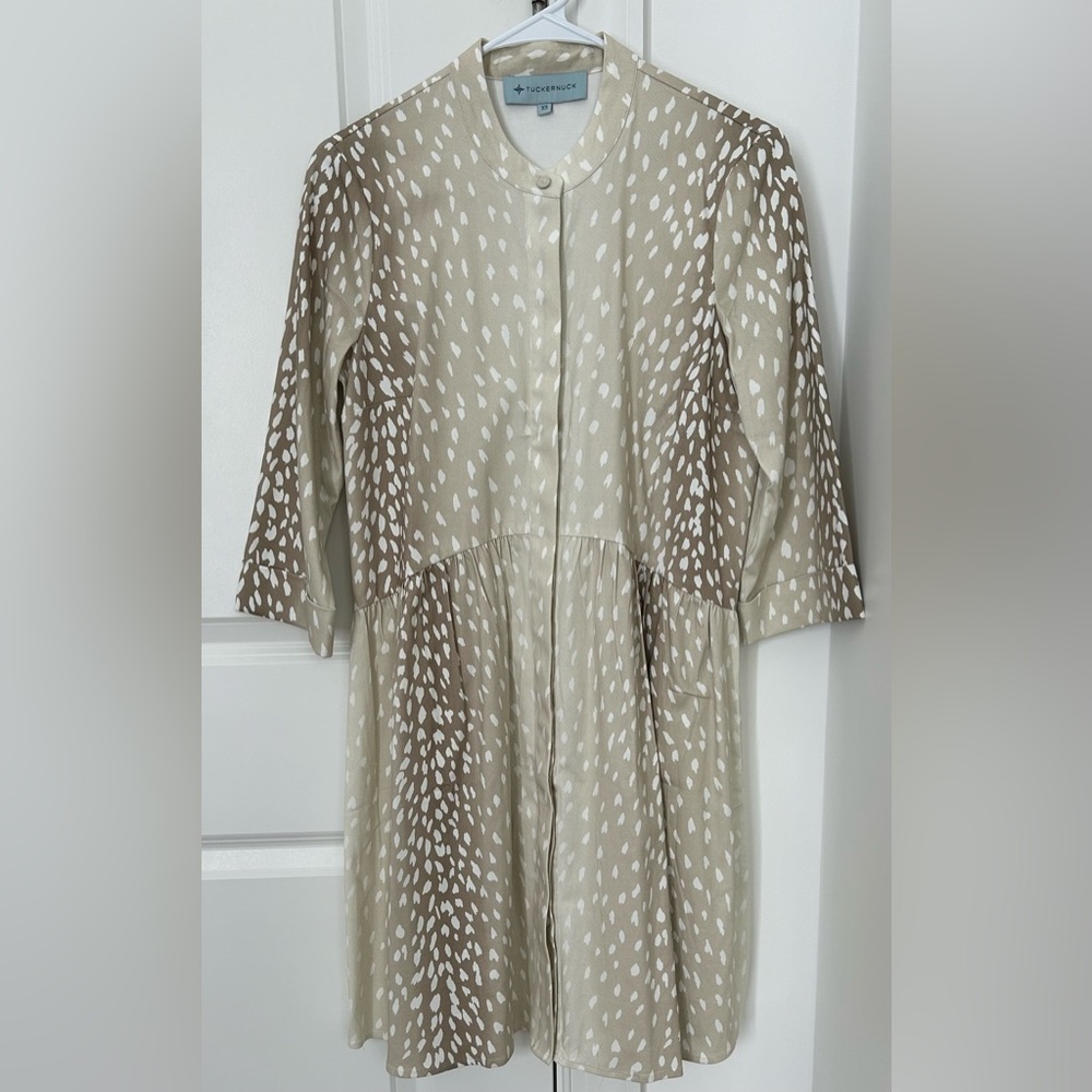 Zara Beige Long Sleeve Dress with White Patterns